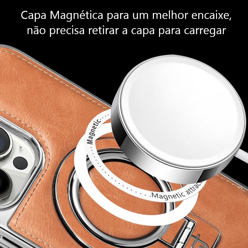 Capa de couro luxuosa com suporte invisível para iPhone